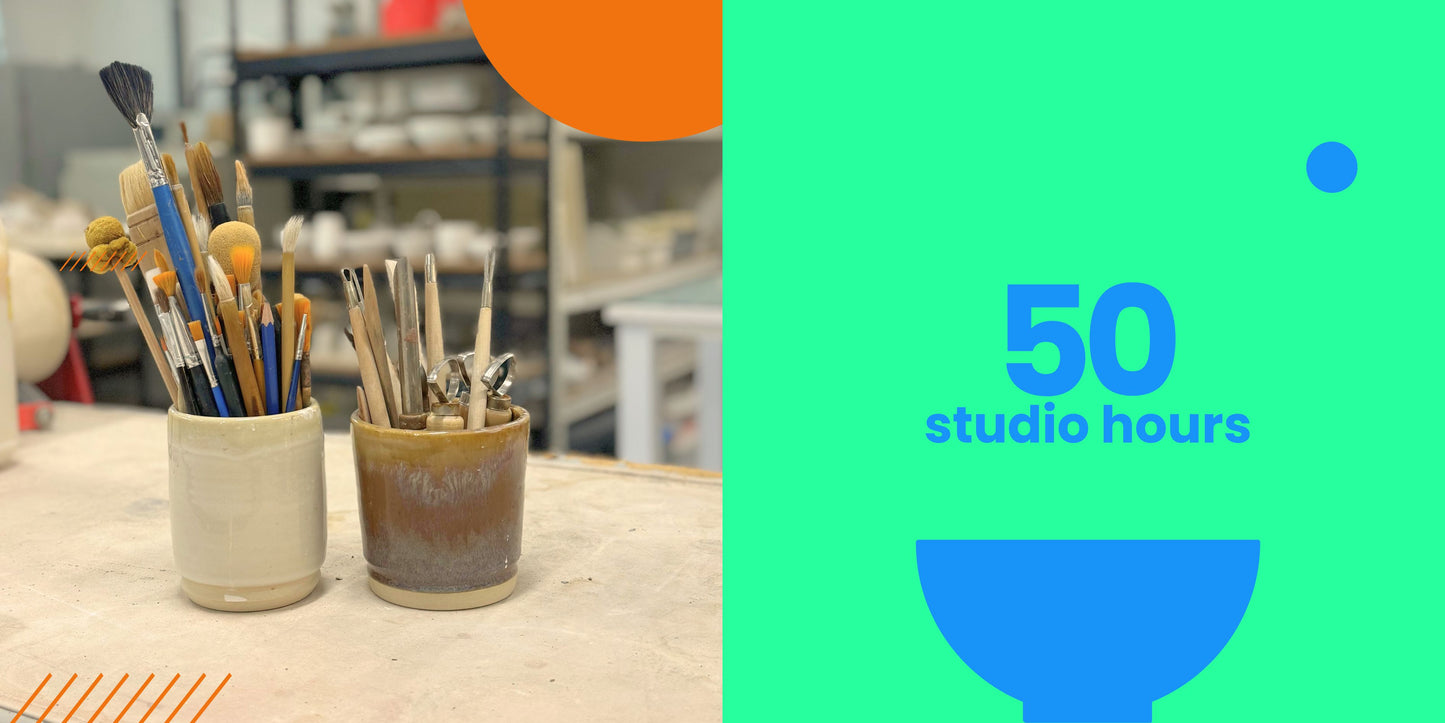 Two ceramic pots with trimming tools on a workbench, next to text '50 studio hours' on a green background.