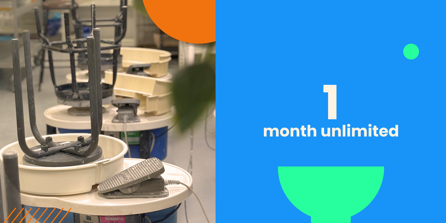 A row of wheel throwing tables fo pottery in a pottery studio with a graphic design text of 1 month unlimited and silhouette of a bowl