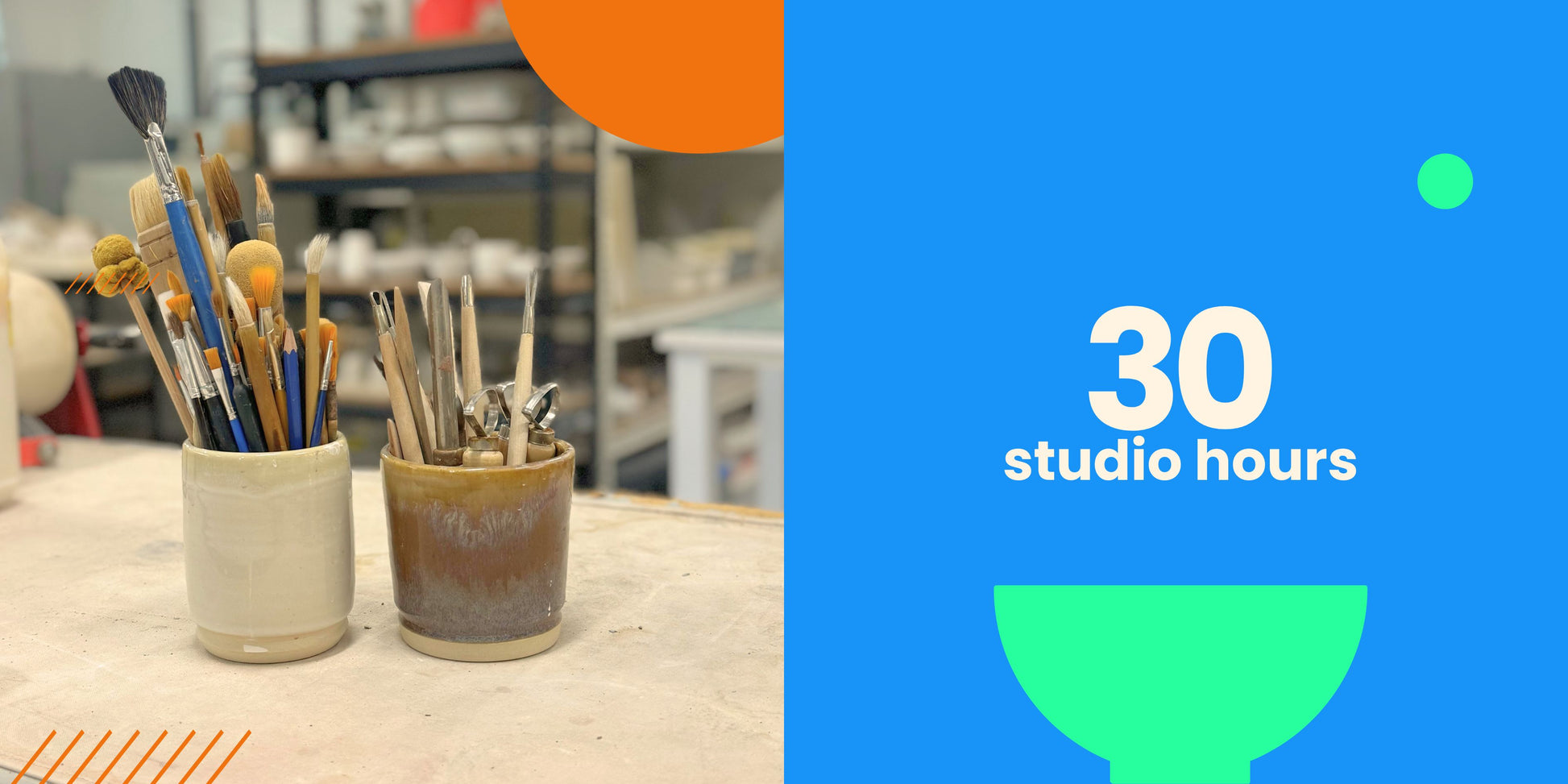 Ceramic pots with ceramic toold on a workbench next to text '30 studio hours' on a blue background