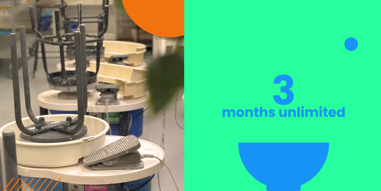 A row of wheel throwing tables fo pottery in a pottery studio with a graphic design text of 3 months unlimited and silhouetter of a bowl